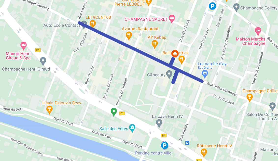 Carte des zones de stationnement à disque bleu autour des gîtes Les Bulles d'Aÿ